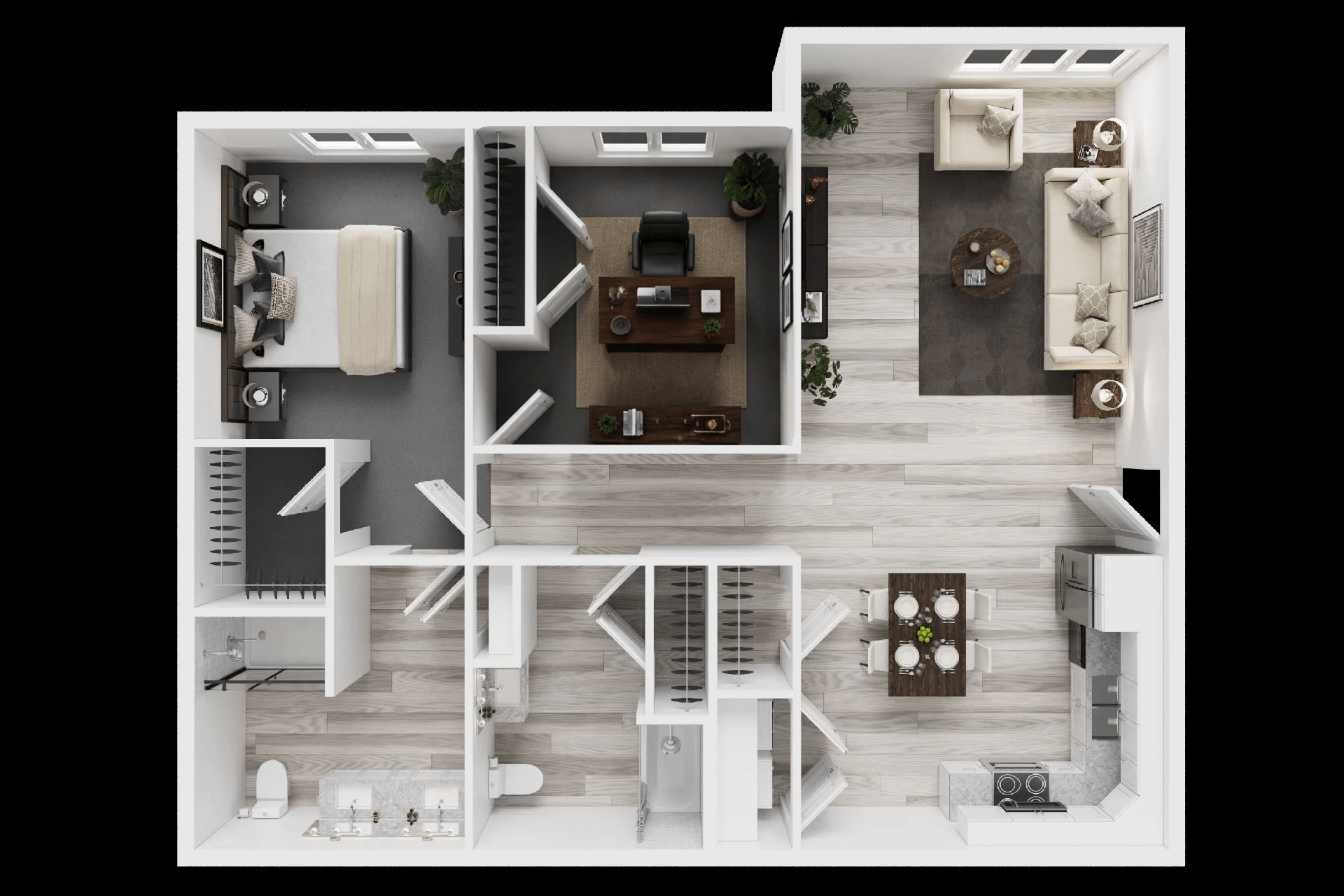 A top-An image of a floor plan for an apartment with a living room, kitchen, two bathrooms, one bedroom and an office/den.